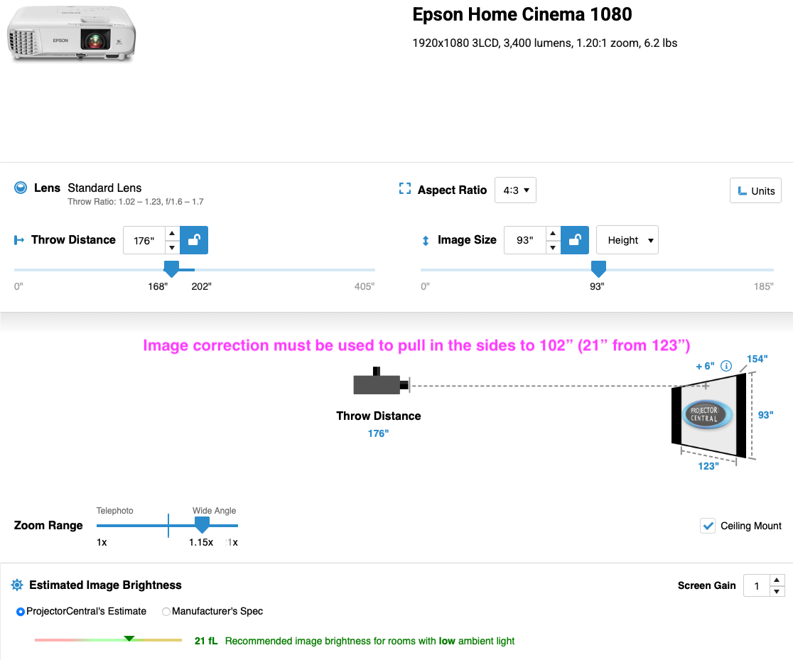 Diagram showing projector placement for Sim-in-a-Box Play 10 using the Epson Home Cinema 1080, 4:3 aspect ratio, 93 × 102 in screen, with recommended throw distance of 176 in (14 ft 8 in)
