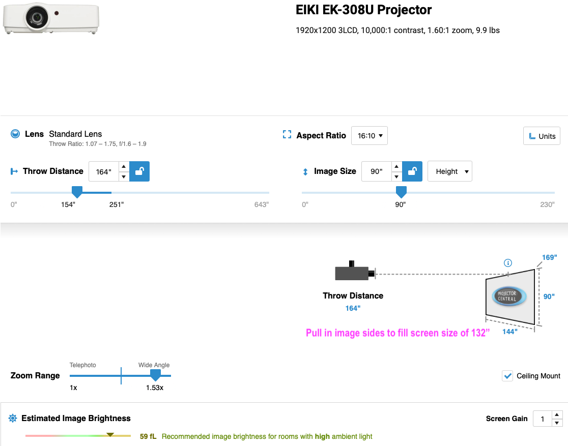 Diagram showing projector placement for Sim-in-a-Box 12-foot Universal setup using the EIKI EK-308U, 16:10 aspect ratio, 90 × 132 in screen, with recommended throw distance of 164 in (13 ft 8 in)