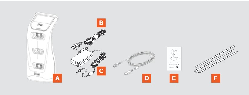 This image contains the contents of the Bushnell Golf Launch Pro Box. Containing a Launch Pro Launch Monitor marked with an A, a Power Cord marked with a B, an A/C Power Adapter marked with a C, a USB-C Cable marked with a D, a 48 Club Marker Pack marked with an E, and finally an Alignment Stick marked with a F