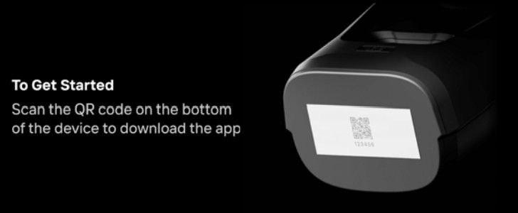 This image shows the bottom of a Bushnell Golf Launch Pro Launch Monitor visualizng the QR Code. It directs the viewer To Get Started, Scan the QR Code on the bottom of the device to download the Foresight App. 