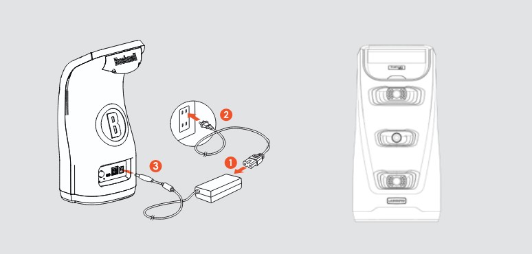 Diagram of the Bushnell Golf Launch Pro Launch Monitor Back. Showing the steps of plugging into a power outlet: 1, plugging the power cable to the AC Power Adaptor, 2 plugging the power cable to the wall outlet, and 3 plugging the AC Power Adaptor into the Launch Pro AC Input. 