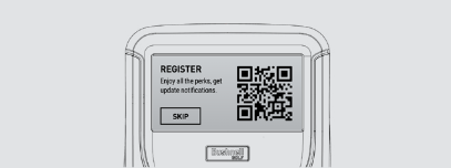 This image shows the Registration screen displayed on the LCD of the Bushnell Golf Launch Pro Launch Monitor upon first startup. It contains a brief desctiption of steps "Register: Enjoy all the perks, get update notifications", followed by a SKIP button to skip the registration process, and a QR code which will take you to a registration sign in website.