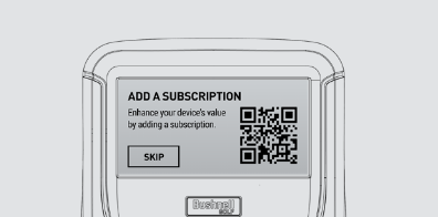 This image shows the Subscription screen displayed on the LCD of the Bushnell Golf Launch Pro Launch Monitor upon first startup. It contains a brief desctiption of steps "Add A Subscription: Enhance your devices value by adding a subscription", followed by a SKIP button to skip the subscription process, and a QR code which will take you to the add a subscription website.