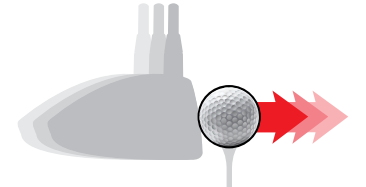 Side-view diagram of a golf club striking a golf ball off a tee, with red arrows indicating forward ball speed immediately after impact.