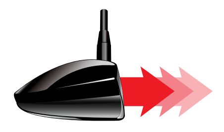 Diagram showing a golf club head moving forward with a red arrow indicating club head speed measured just before impact with the ball.