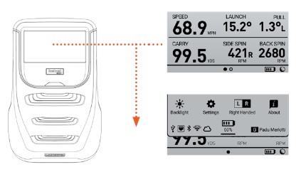 A diagram showing the Launch Pro device on the left connected by a dotted arrow to two screen captures on the right. The top screen capture displays captured ball launch data, including ball speed, launch angle, pull, carry distance, side spin, and backspin. The bottom screen capture shows the Launch Pro Quick Settings interface, with icons for brightness, settings, left/right-handed mode, and power options, indicating where users can adjust device preferences related to data display and operation.