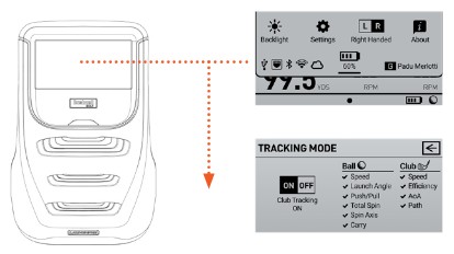 A diagram showing the Launch Pro device on the left connected by a dotted arrow to two interface screen captures on the right. The top screen displays the Quick Settings menu, where the user selects Settings to access additional configuration options. The bottom screen shows the Tracking Mode menu, where Club Tracking can be turned On or Off, and lists available ball data metrics (such as speed, launch angle, spin, and carry) alongside available club data metrics (such as club speed, efficiency, and angle of attack).