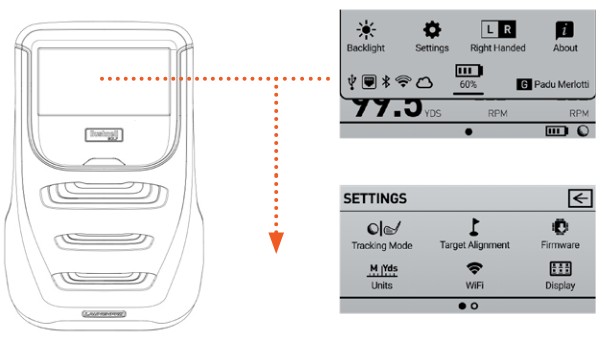 A diagram showing the Launch Pro device on the left connected by a dotted arrow to two interface screen captures on the right. The top screen shows the Quick Settings menu, where the user selects Settings. The bottom screen shows the Settings menu, where the user selects Target Alignment to access and configure target alignment on the device.