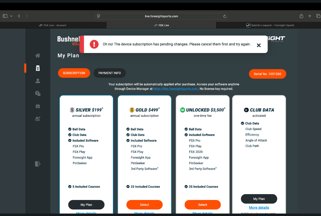 Subscription page showing “The device subscription has pending changes. Please cancel them first and try again.” error banner at the top, preventing plan selection