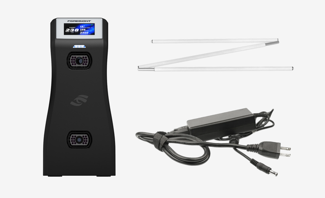 GC2 contents: the GC2 launch monitor, a 3-segment folding alignment stick, and a power adapter with a barrel-jack cable.
