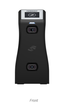 Front of the GC2: display at top showing the Foresight startup logo, blue Status Light below it, and two cameras stacked vertically.