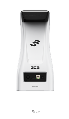Rear of the GC2: black Handle at top, GC2 logo, and a port panel near the base with the Power Button, USB-C Port, Ethernet Port and Power Input.
